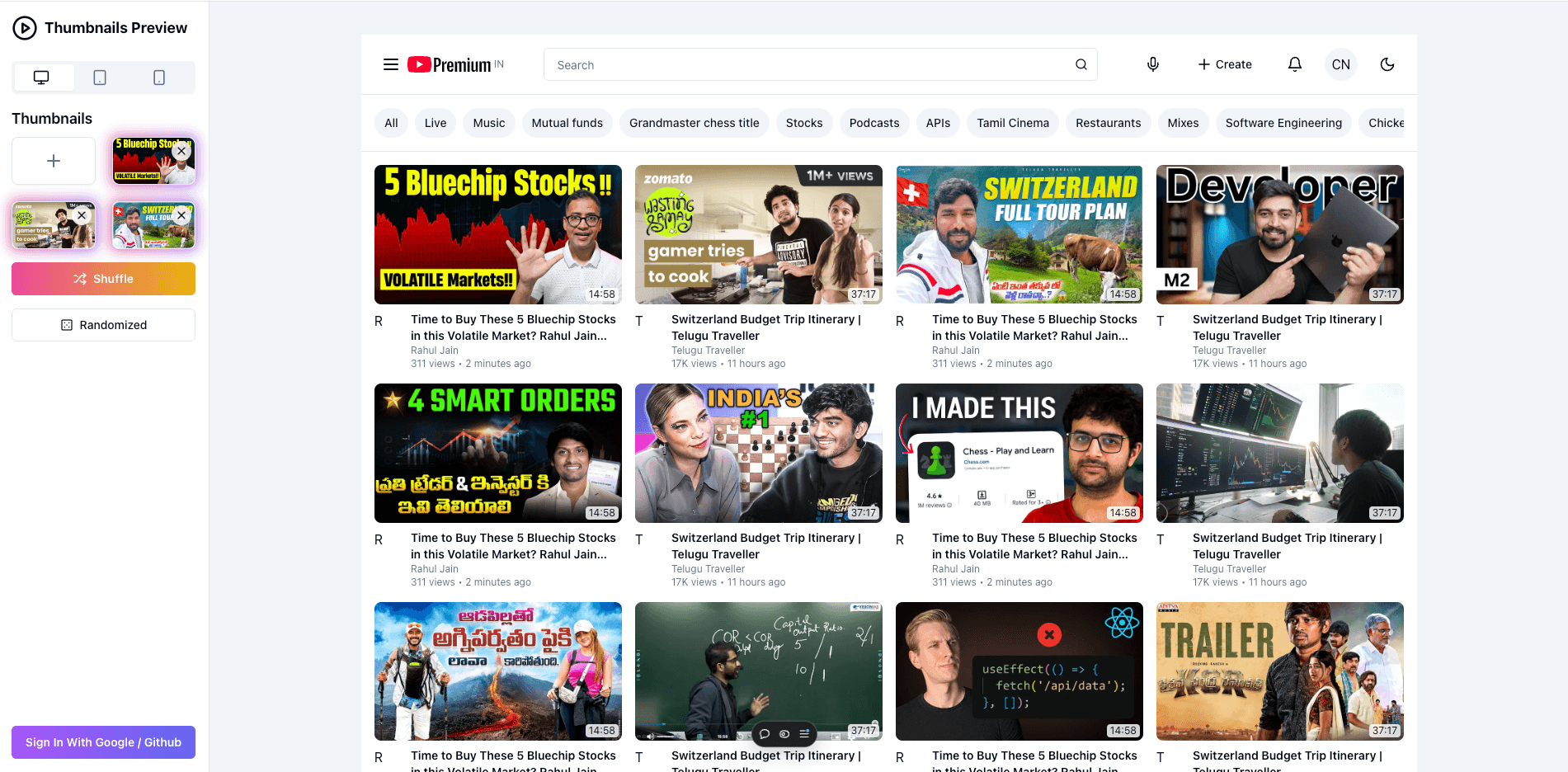 YouTube Thumbnail Preview App Interface on Desktop